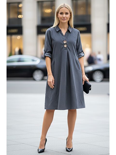 Chiccy Gri Gömlek Yaka Düğmeli Uzun Kollu Cepli Casual Kadife Dokuma Elbise 105 55 - S000486436-20600