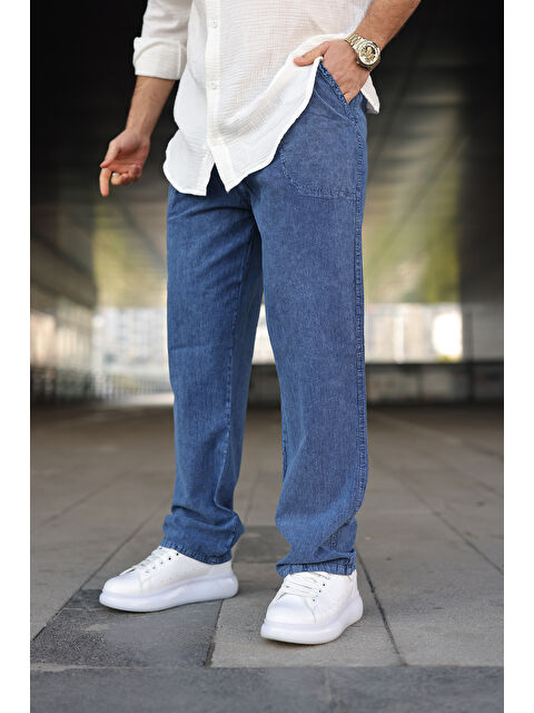 Comstar Erkek Trend Basic Bol Paça Mavi Baggy Keten Pantolon