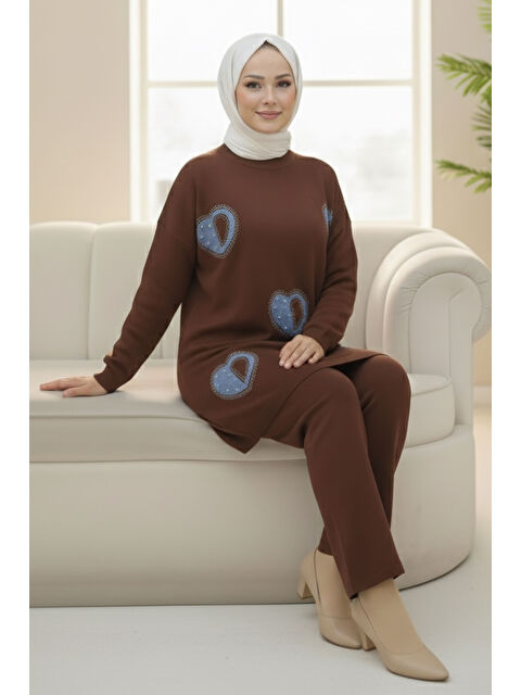 Tofisa Kalp Taş Detaylı Triko İkili Takım Kahve - 28123-KAHVE - S000495270-19413