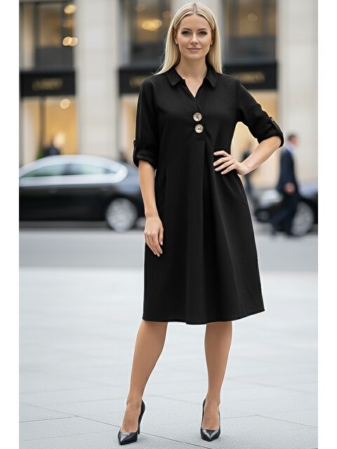 Chiccy Siyah Gömlek Yaka Düğmeli Uzun Kollu Cepli Casual Kadife Dokuma Elbise 105 55 - S000486436-19351