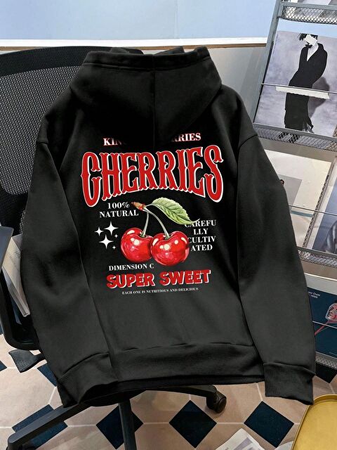 Trendseninle Siyah Super Sweet Baskılı Oversize Kapüşonlu Sweatshirt - S000486881-19351