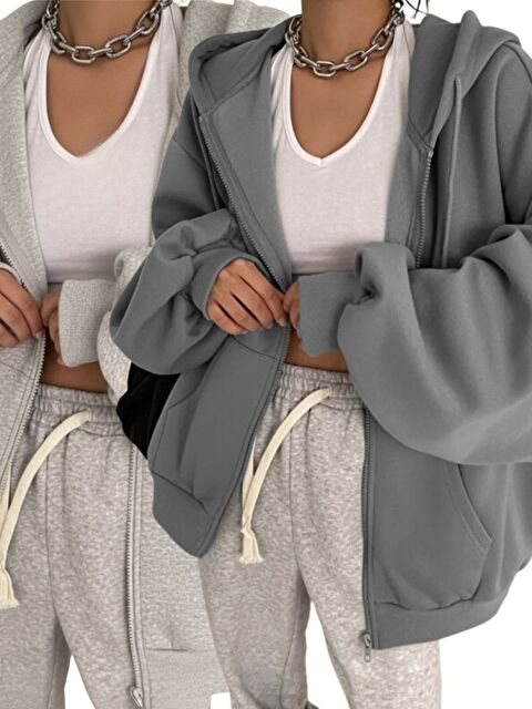 Trendseninle 2 Lİ Gri Füme Fermuarlı Kadın Hırka - S000486879-23173