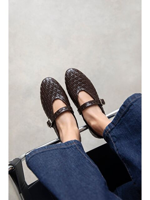 Straswans Jun Kadın Örgü Detay Deri Babet Kahve - S000530686-19413