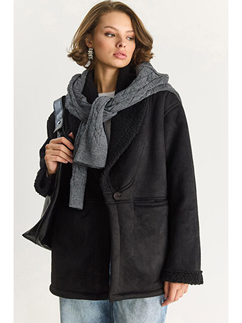 SHADE Kadın İçi Kürklü Cep Detaylı Şal Yaka Süet Kaban - S000444408-19351
