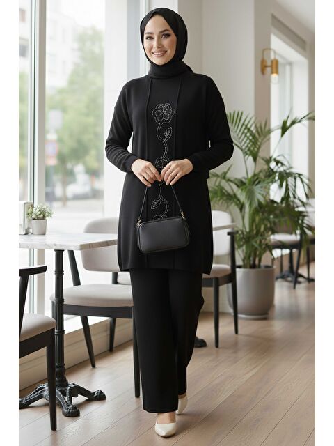 Tofisa Çiçek Pul Detaylı Triko İkili Takım Siyah - 28126-SIYAH - S000495271-19351