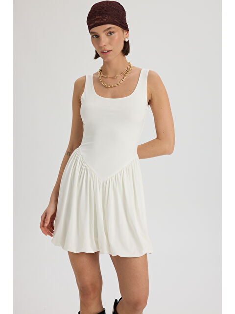 Mai Collection Raventa Üçgen Detay Ekru Mini Elbise - S000526972-19965