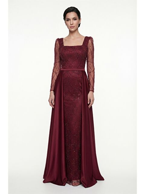 Lafaba Kadın Bordo Dar Kalıp Uzun Kol Taşlı Saten Kuyruk Aksesuarlı Abiye - S000450568-19951