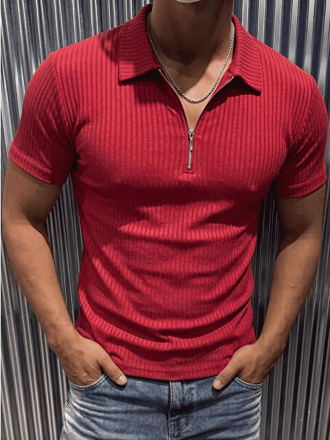 Oksit Luuk Erkek Slim Fit Fermuarlı Polo Yaka Fitilli T-Shirt