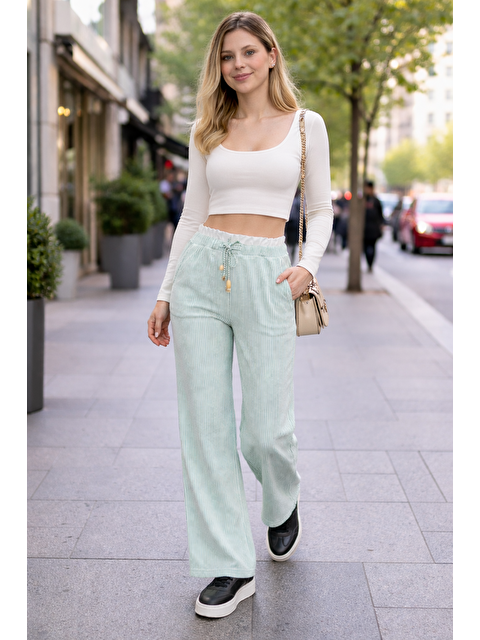 Comstar Kadın Trend Çizgili Bol Paça S.Yeşil Palazzo Pantolon