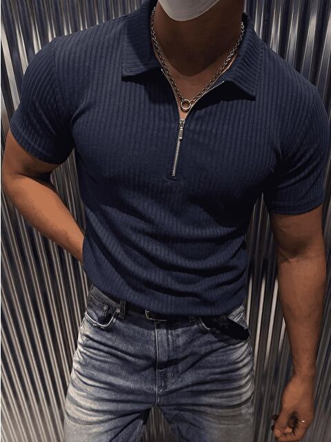 Oksit Luuk Erkek Slim Fit Fermuarlı Polo Yaka Fitilli T-Shirt