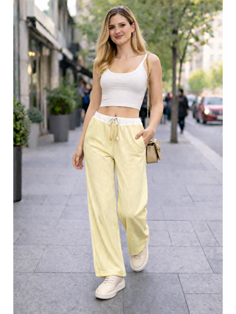 Comstar Kadın Trend Çizgili Bol Paça Sarı Palazzo Pantolon