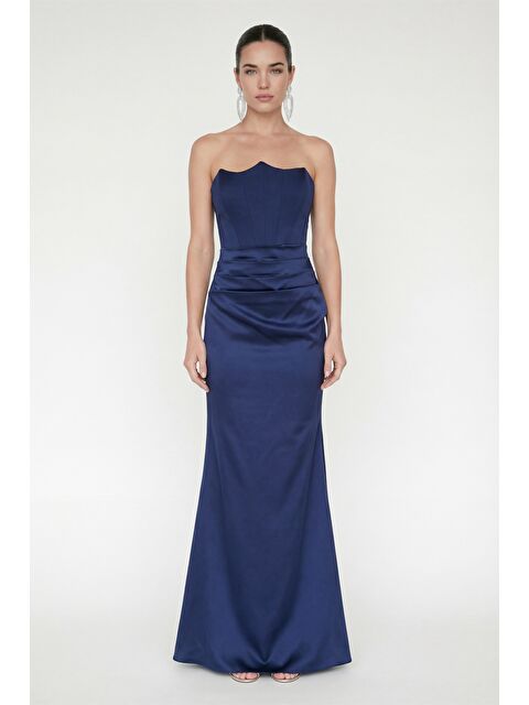 Lafaba Kadın Lacivert Dar Kalıp Straplez Yaka Beli Drapeli Saten Abiye Elbise - S000504602-21164