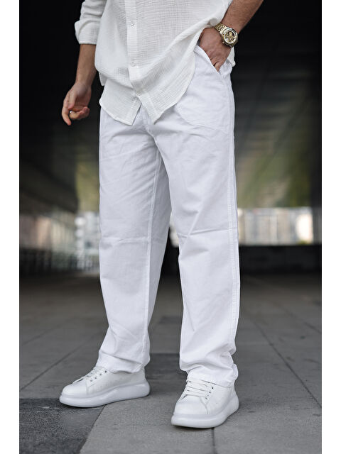 Comstar Erkek Trend Basic Bol Paça Beyaz Baggy Keten Pantolon
