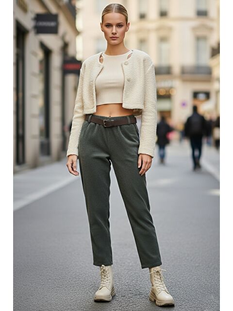 Chiccy İtalyan Haki Cepli Kemerli Lastikli Bel Jogger Paça Casual Kadife Dokuma Pantolon 100 65 - S000486443-18547