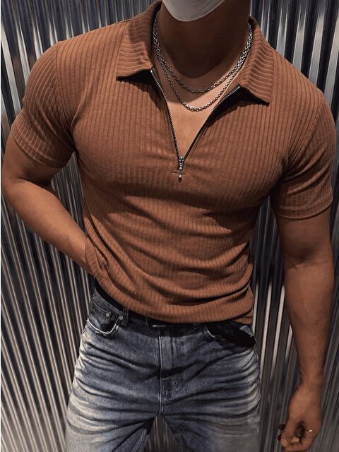 Oksit Luuk Erkek Slim Fit Fermuarlı Polo Yaka Fitilli T-Shirt