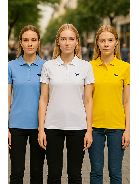 Comstar Kadın Yazlık 3Lü Paket Kısa Kol Dar Polo Yaka Tişört