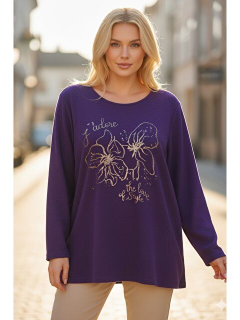 Chiccy İtalyan Mor Havuz Yaka Uzun Kol Çiçekli Varak Baskılı Casual Oversize Triko Bluz 75 75 - S000486435-20042