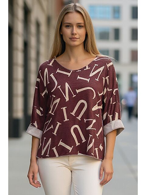 Chiccy İtalyan Bordo V Yaka Uzun Kol İnce Allover Baskılı Casual Triko Bluz 70 70 - S000486445-19951