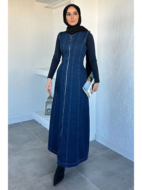 Julude Boydan Fermuarlı Jean Jean Tesettür Elbise