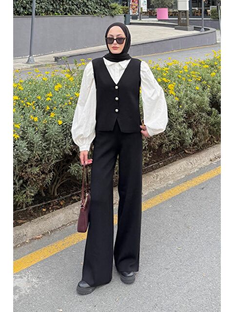 Lamelif V Yaka Yelekl Takım Siyah - S000515474-19351