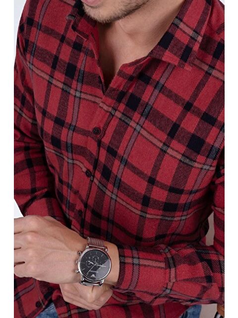 Etikmen Kırmızı Mavi Çizgili SlimFit %100 Pamuk Erkek Oduncu Gömlek - S000120668-37329