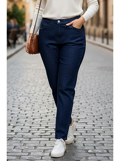 Remsa Büyük Beden Kadın Beli Lastikli Elastanlı Boru Paça Jean Pantolon 03 Lacivert01 - S000495274-29672