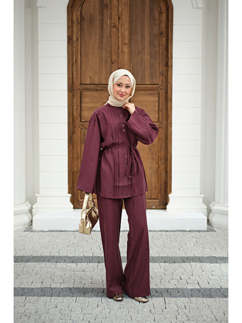 Locco Moda Kadın Büzgü Detay Bel Bağlamalı Takım Bordo