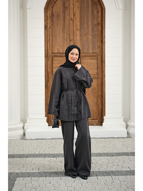 Locco Moda Kadın Büzgü Detay Bel Bağlamalı Takım Antrasit