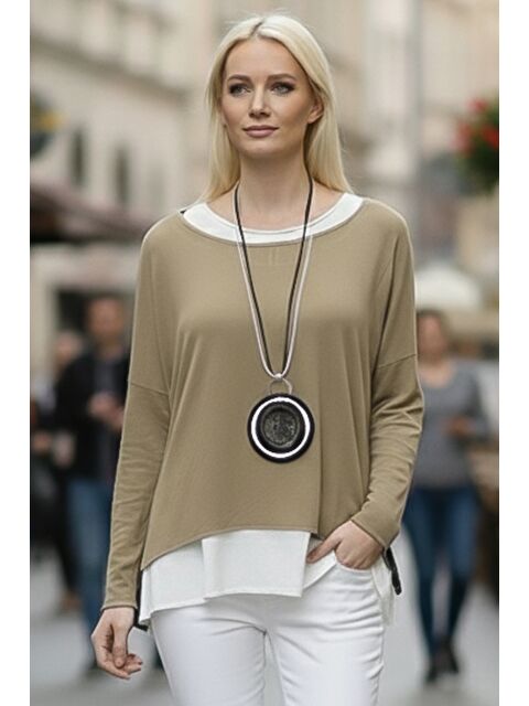 Chiccy Bej Havuz Yaka Uzun Kol İnce İkili Set Kolyeli Casual Oversize Triko Bluz 70 74 - S000486442-19928