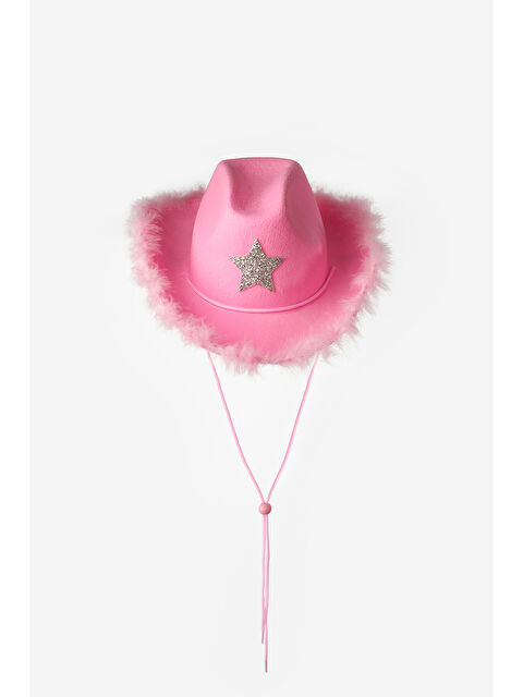 Le Mabelle Pembe Yıldız Desenli Tüylü Kız Çocuk Kovboy Şapkası