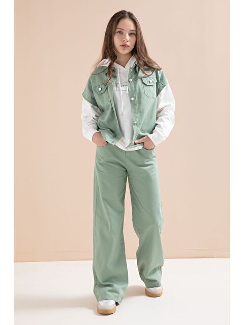 Cansın Mini Yeşil Düğmeli Sıfır Kol Yelekli Geniş Paça Pantolonlu Kız Çocuk Kapüşonlu 3lü Takım 23603 - S000510887-18194