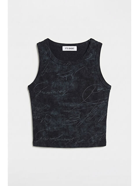It's Basic Kadın Siyah Antrasit w5 Crop Özel Baskılı Yıkamalı Kumaş Tasarım Body