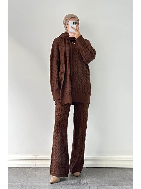 Lamelif Atkılı Örülü Tesettür Takım Acı Kahverengi - S000515448-28102