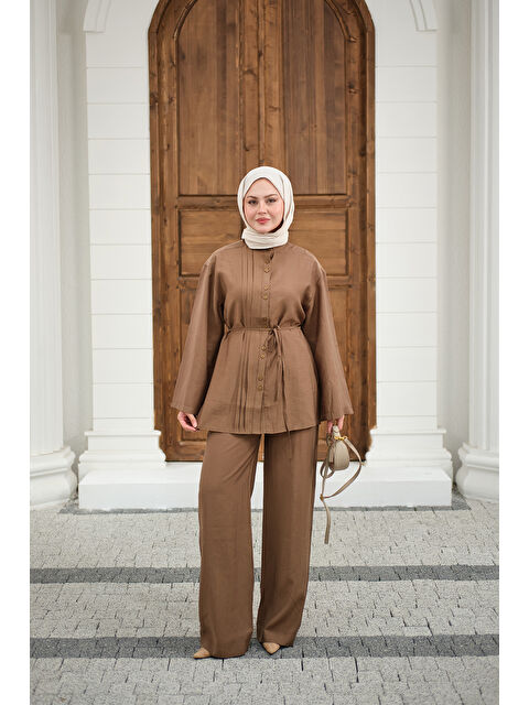 Locco Moda Kadın Büzgü Detay Bel Bağlamalı Takım Vizon