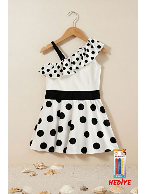 ZUZUNGA Puantiye Desenli Asimetrik Yaka Fırfırlı Kız Çocuk Elbise Mayo