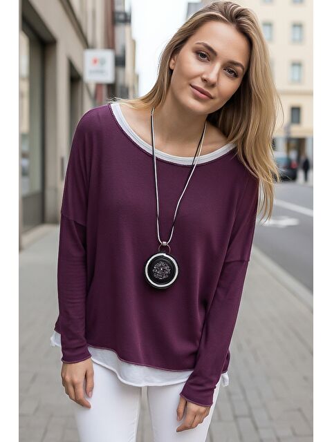 Chiccy Mürdüm Rengi Havuz Yaka Uzun Kol İnce İkili Set Kolyeli Casual Oversize Triko Bluz 70 74 - S000486442-20036