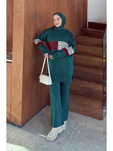 Lamelif Desenli Triko Takım Zümrüt Yeşili - S000515447-18709