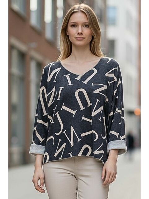 Chiccy İtalyan Antrasit V Yaka Uzun Kol İnce Allover Baskılı Casual Triko Bluz 70 70 - S000486445-29666