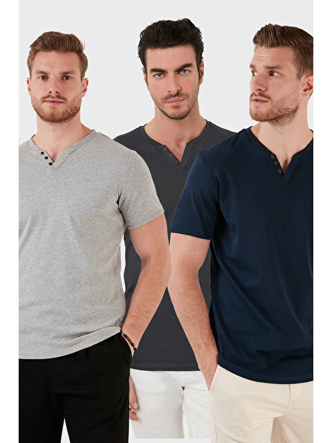 Buratti Pamuklu Düğme Detaylı Slim Fit V Yaka 3'lü Paket T Shirt 5902122S3