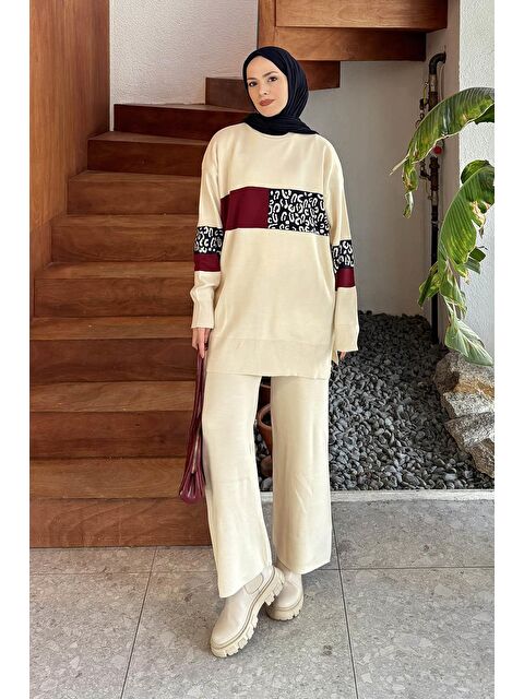 Lamelif Desenli Triko Takım Krem - S000515447-19966