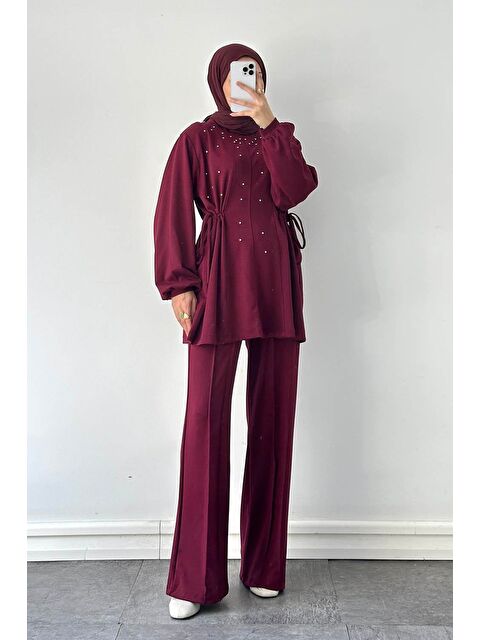 Lamelif Taşlı İkili Takım Bordo - S000515312-19951