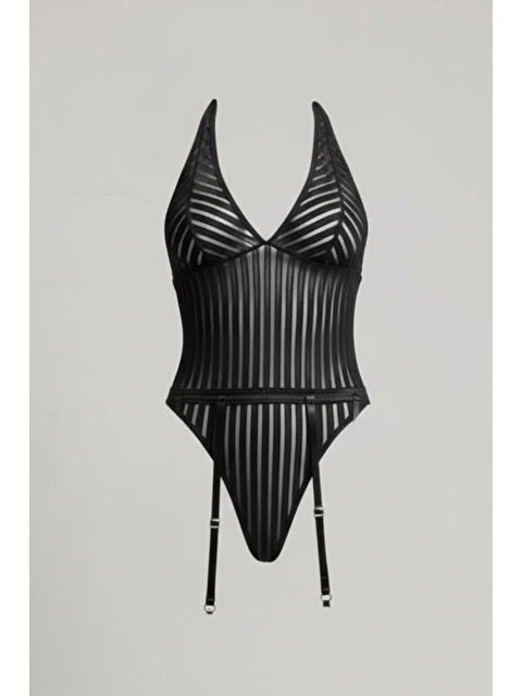 C&City Siyah Çizgi Desenli Jartiyerli Bodysuit Siyah