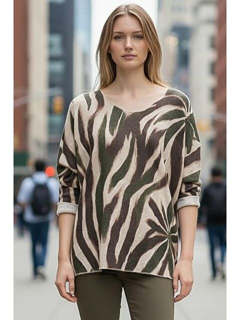 Chiccy İtalyan Kahve-Bej Havuz Yaka Uzun Kol İnce Allover Baskılı Casual Triko Bluz 70 70 - S000486449-37207