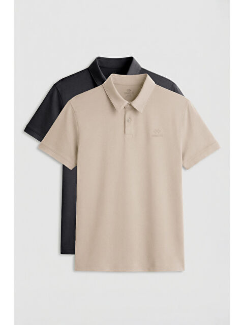Tommylife Standart Fit Basic Polo Yaka 2li Paket Antrasit-Bej Erkek T-Shirt - 87748