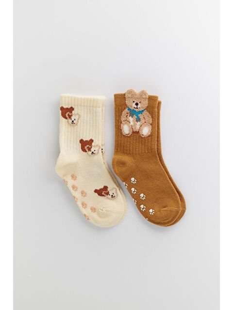 Katia And Bony Bebek 2 Li Paket Teddy Baskılı Soket Çorap Ekru-Koyu Kahverengi