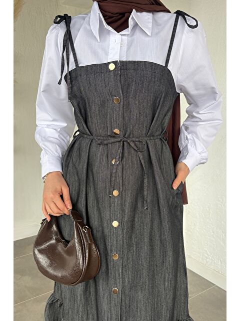 Julude Gülseli Boydan Düğmeli Bağlama Detaylı Garnili Tesettür Elbise