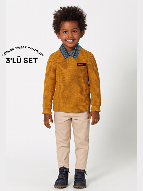 Casabony 3'lü Set Hardal Triko Sweat & Pantolon & Gömlek Erkek Çocuk Takım - S000439056-37279