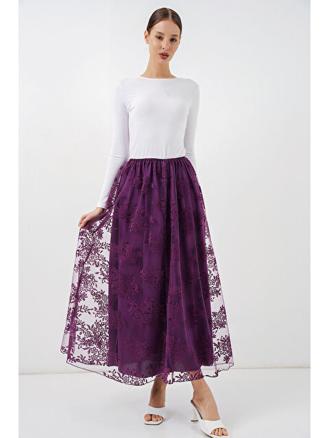 Bigdart Kadın Flok Baskılı Uzun Tül Etek 8070 - Mor - S000530690-20042