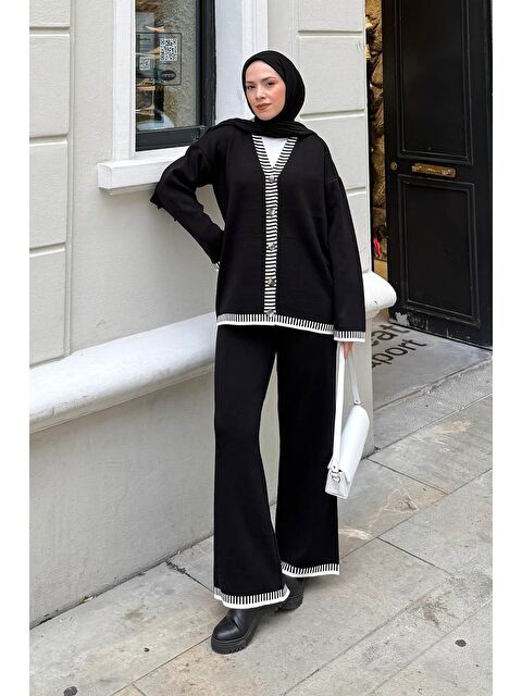 Lamelif Çizgili Triko Takım Siyah - S000515476-19351