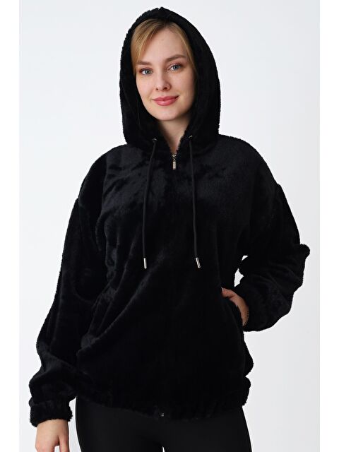 Intensive Siyah Kapüşonlu Fermuarlı Cepli Pelüş Uzun Kollu Kadın Hırka - S000487104-19351